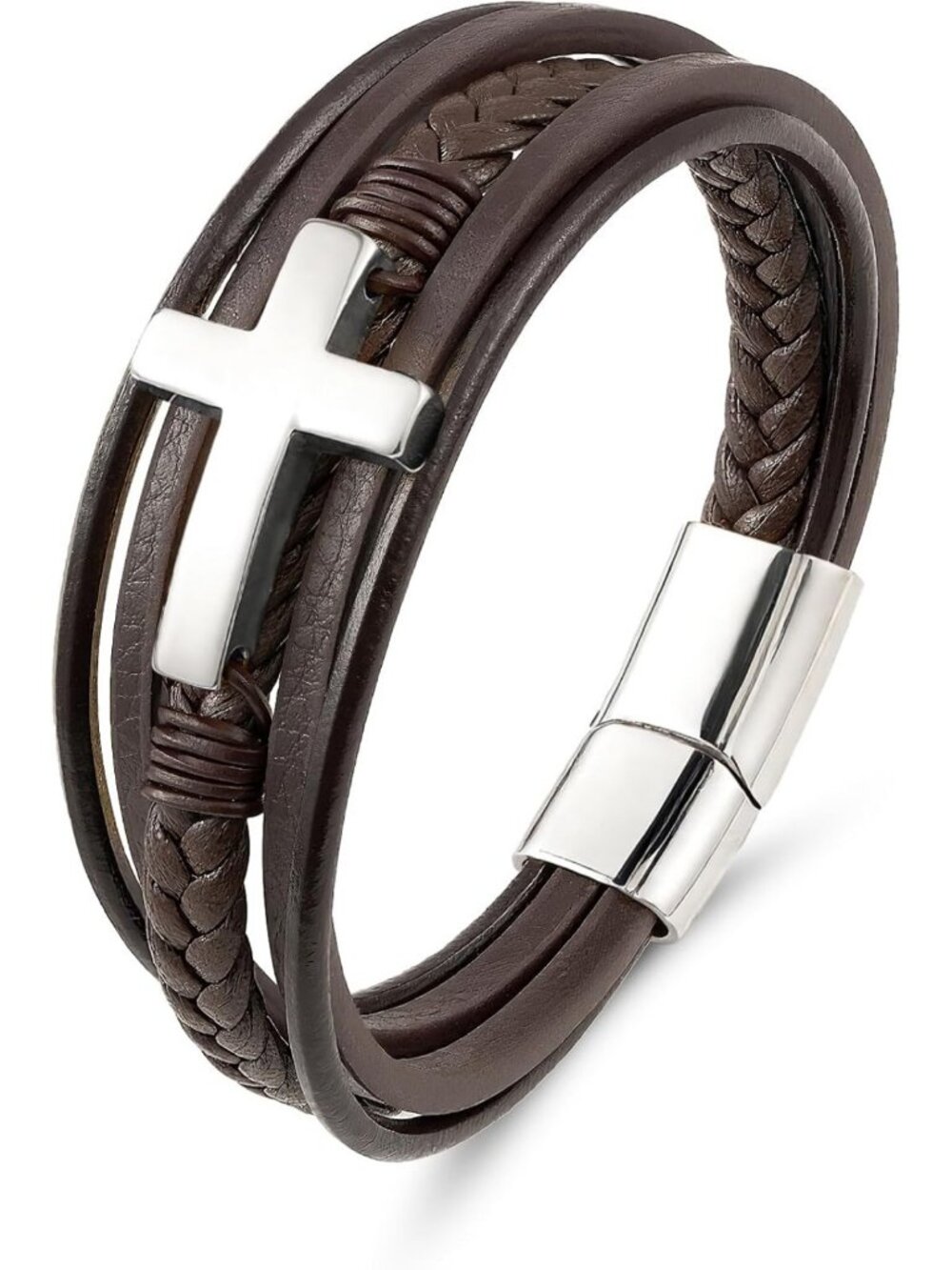 Men's Braided Leather Cross Bracelet - Multi-Layer Wristband, Religious Gift for